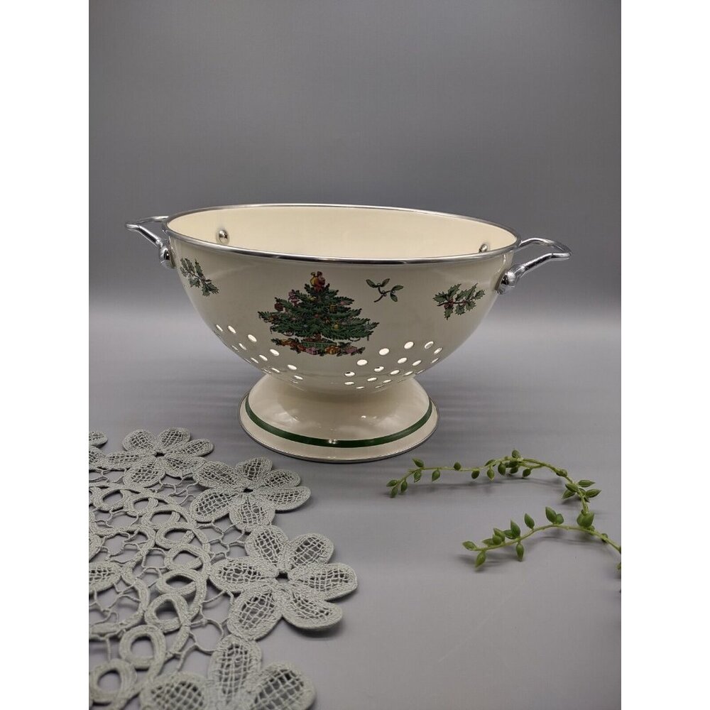 Vintage Spode Christmas Tree Enamel Metal Colander Kitchen Strainer Bowl